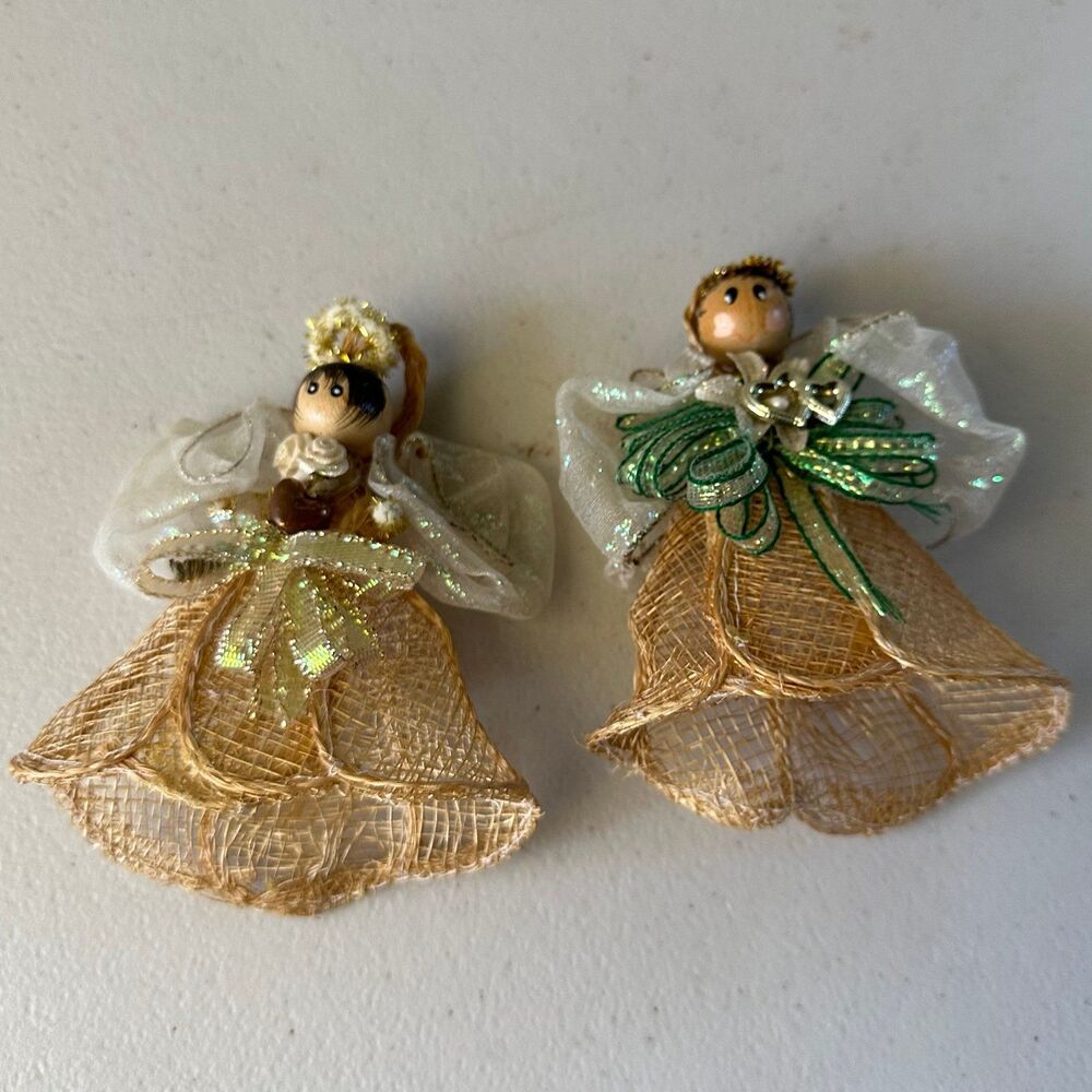 Vintage Handmade Two Decorative Ribbons Hawaiian Angel Christmas Ornaments
